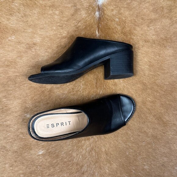 Esprit Black Peep Toe Mules Size 8M Chunky Block Heel Slide Sandals Faux Leather - Picture 2 of 7